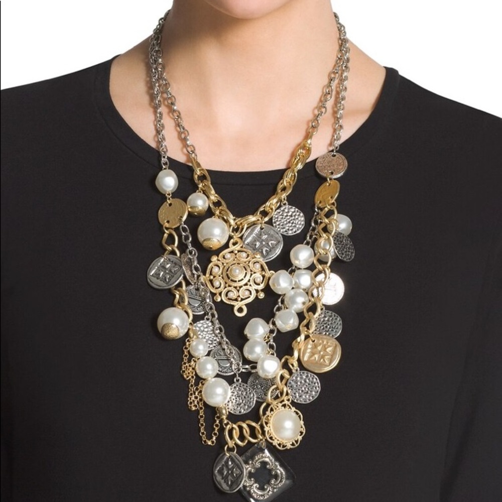 Chicos Stunning Layered Pearl and Coin Necklace